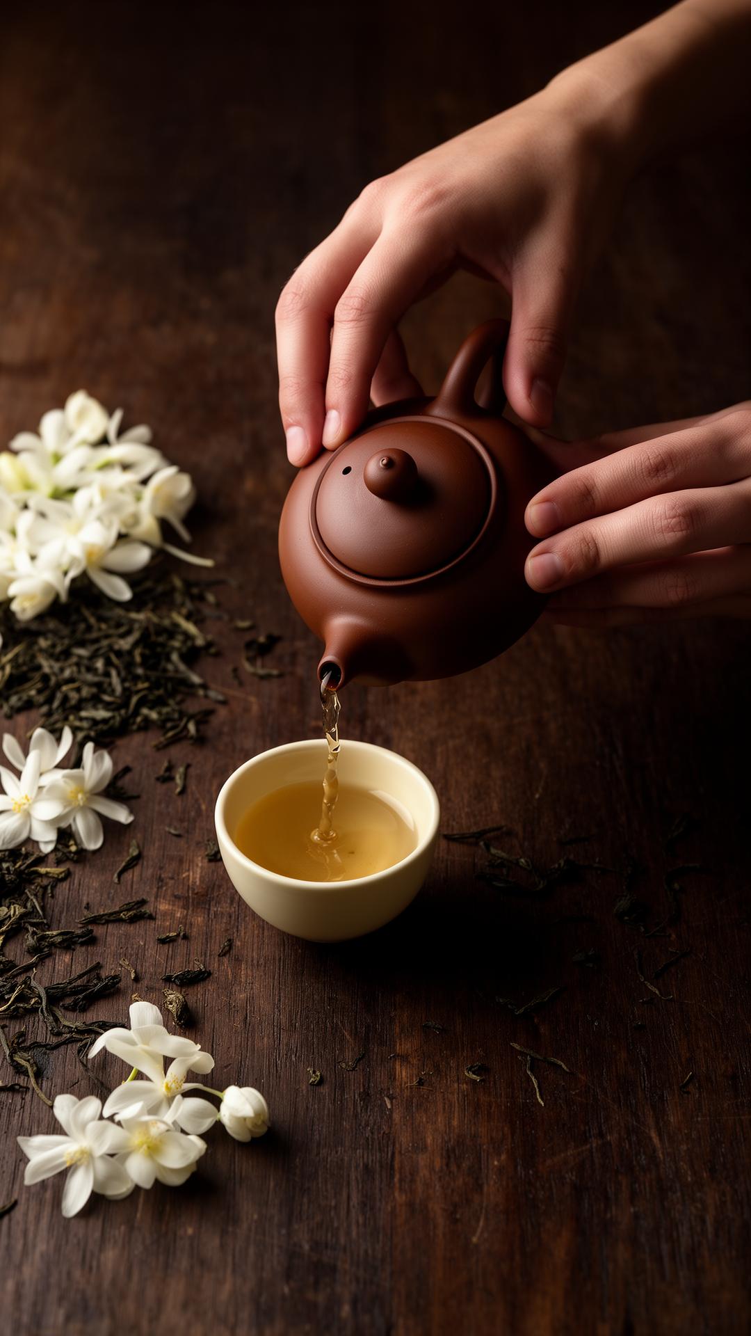 Hands pouring tea from a clay pot into a cream-colored cup